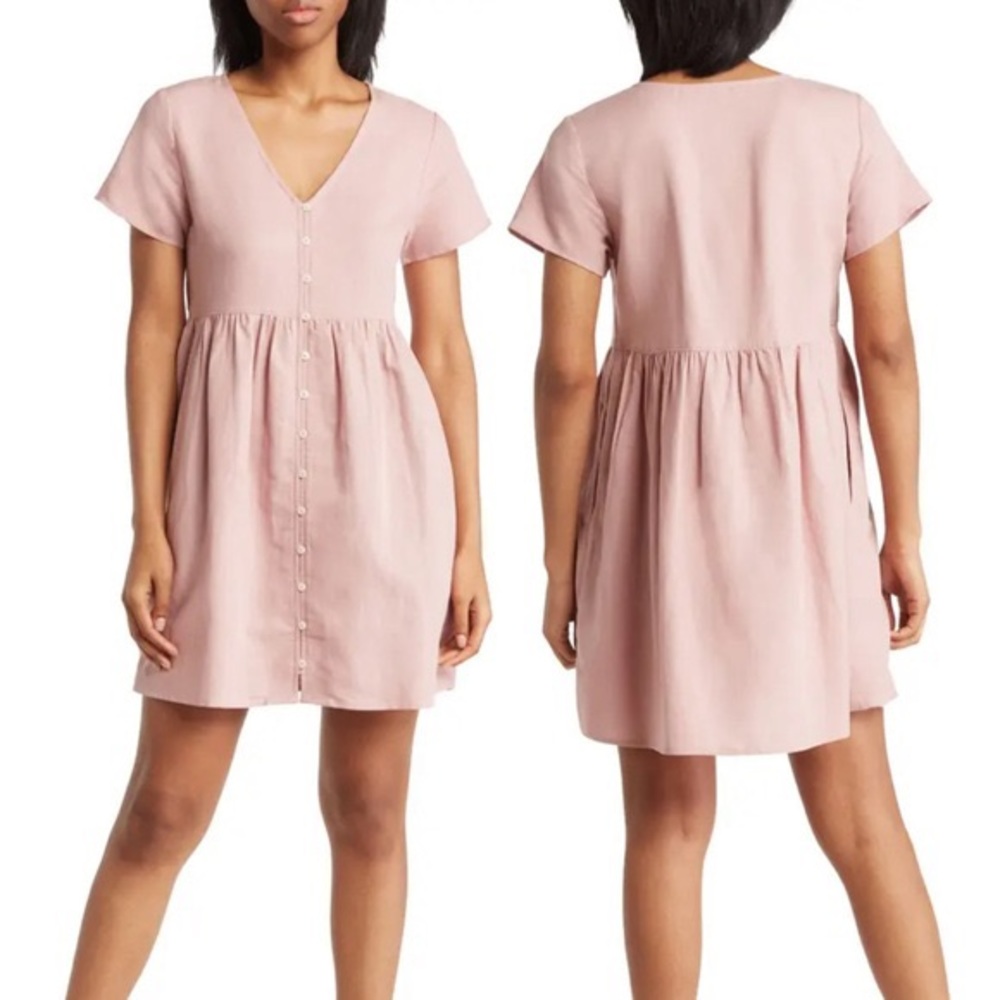 Madewell V-Neck Button Front Linen Blend Minidress in Antique Coral size Small
